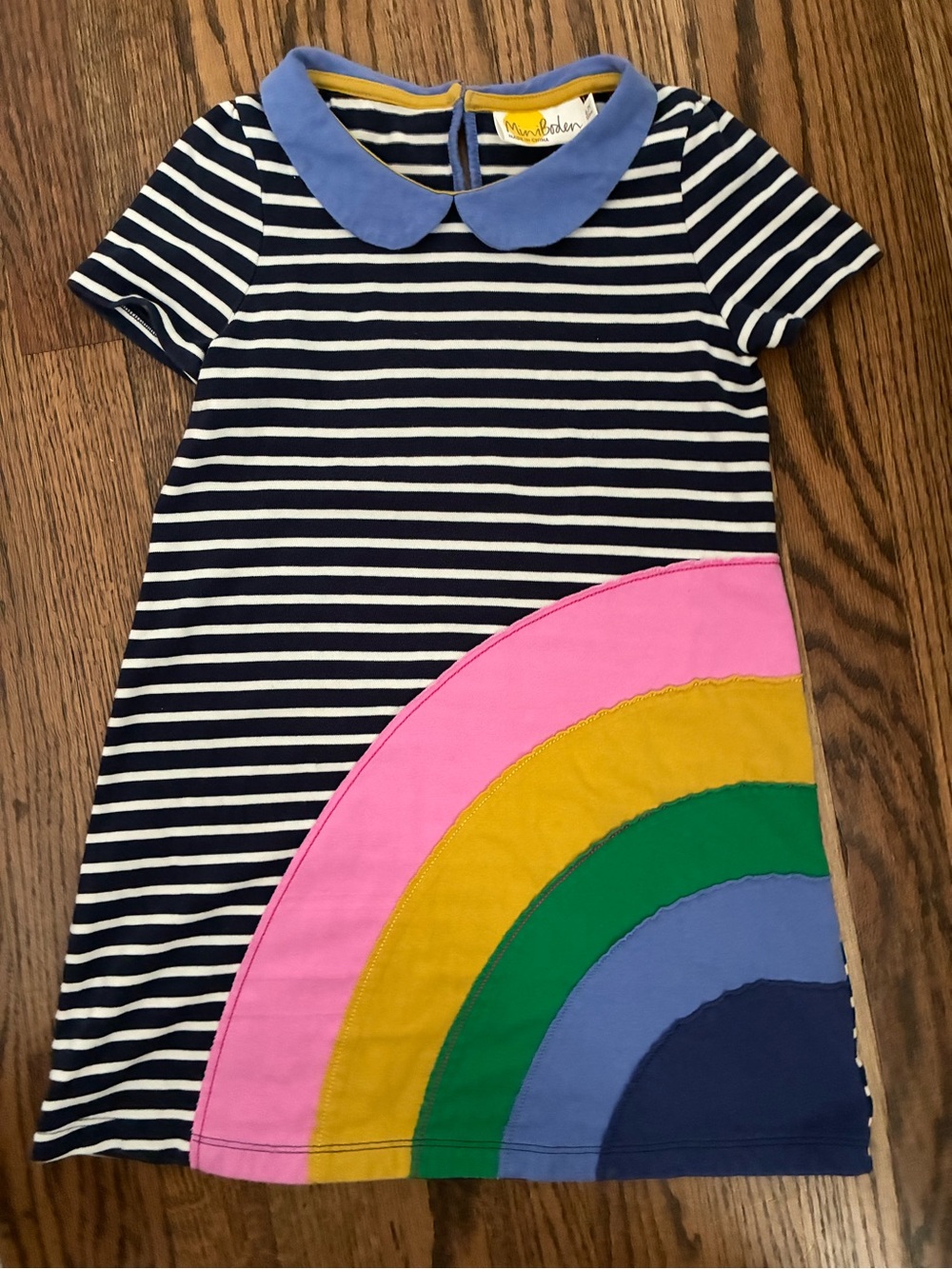 Mini Boden Navy Stripe Rainbow Applique Kids Dress 6/7Y